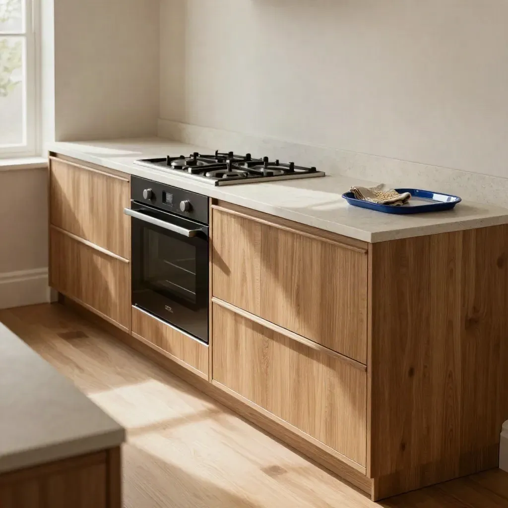 Ny köksrenovering med ekfronter, ljus stenskiva och infälld ugn i mjukt dagsljus