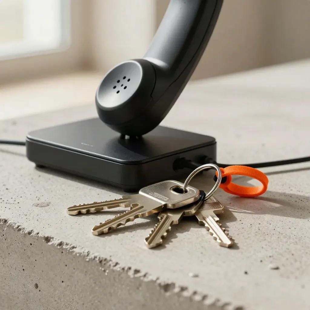 Svart telefonlur, docka och nycklar på en betongplatta i mjukt sidoljus.