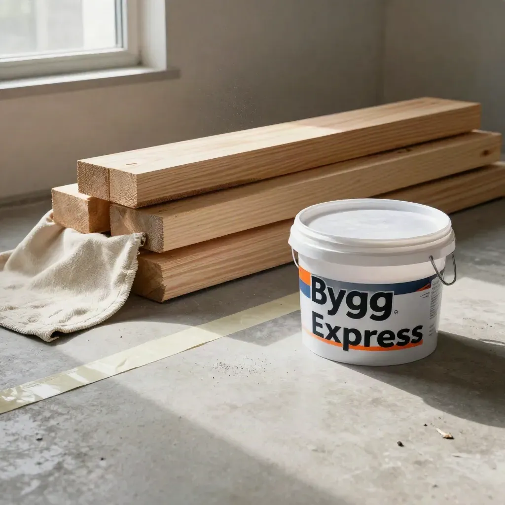 Byggmaterial i skyddat rum: drop cloth, timmerbitar och maskerad golvkant med spackelhink.