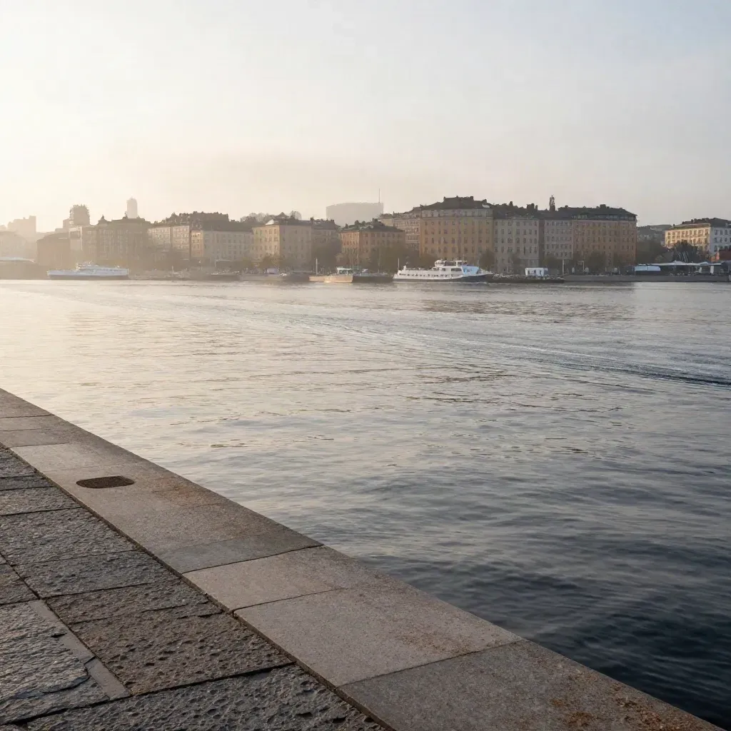 Stockholms skyline vid vattnet i morgondimma med färjkölar och stenbryggor.