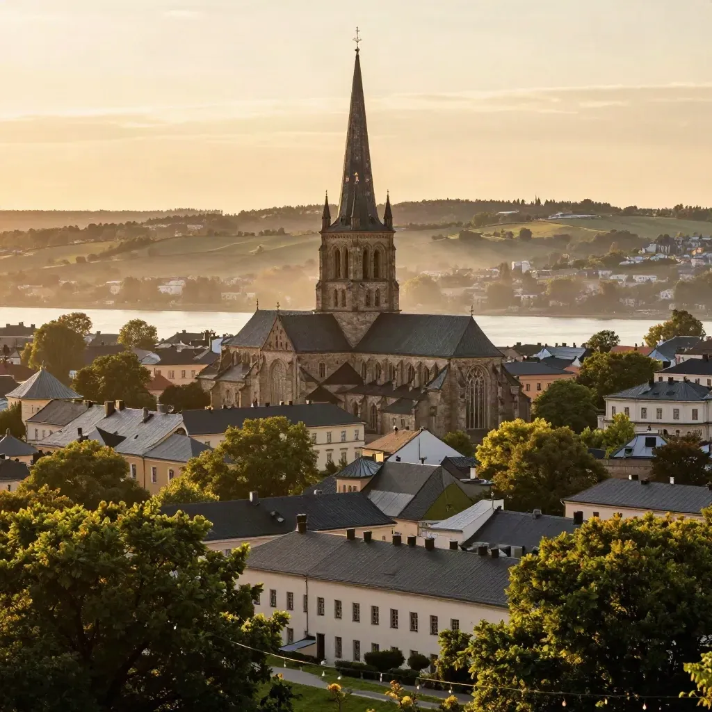 Uppsala domkyrka över älvdalen i varm kvällssol, med lugnt öppet utrymme för text.