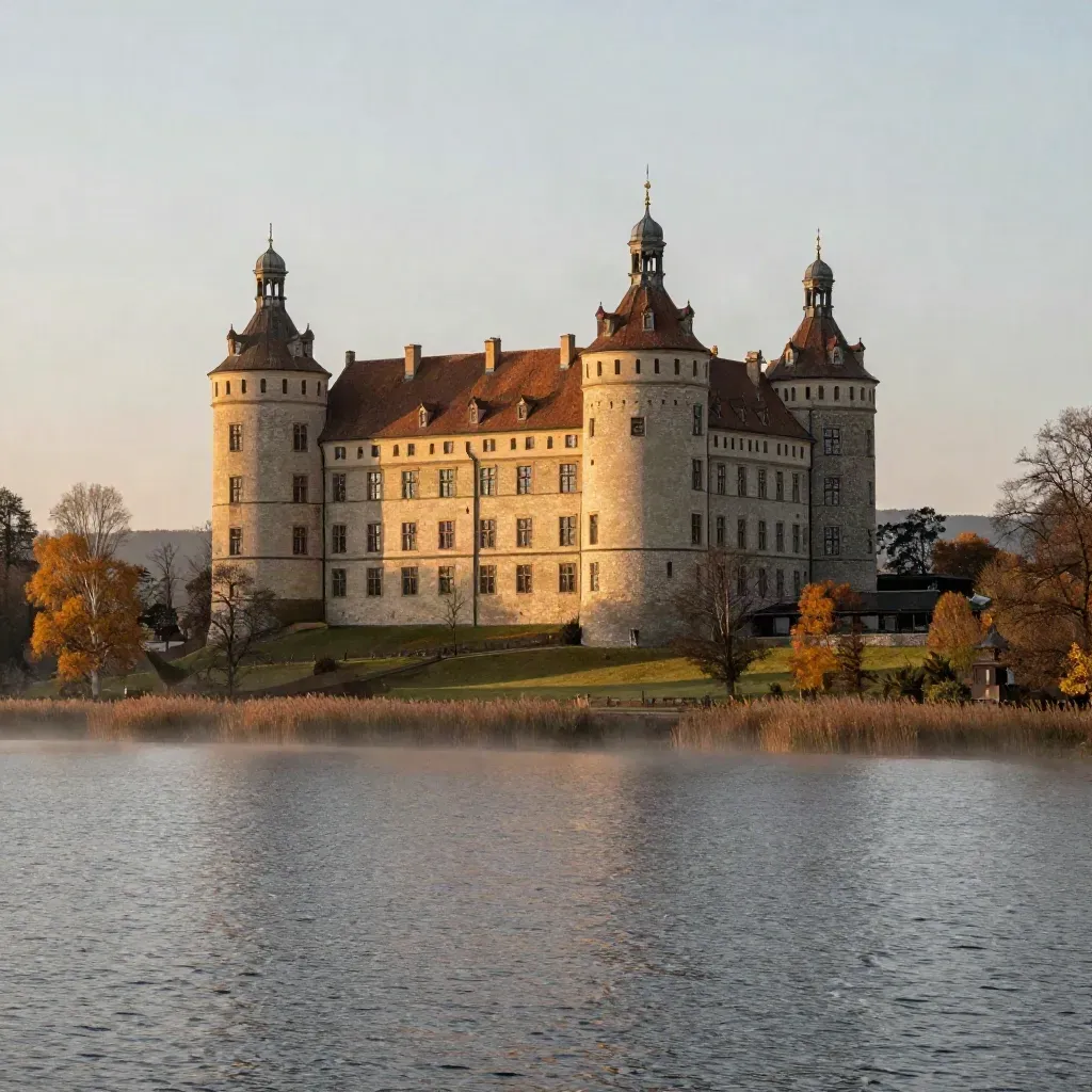 Gripsholms slott över stilla Mälaren i gyllene höstljus och dimma