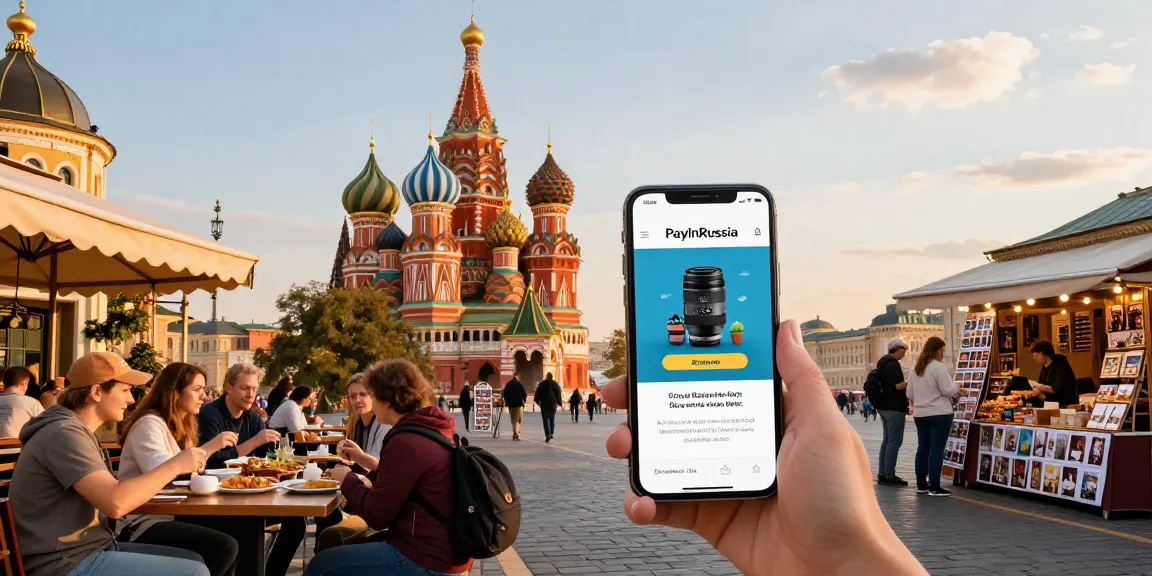 Turista utilizando https://payinrussia.com/ en un hito ruso con arquitectura tradicional y luz dorada.