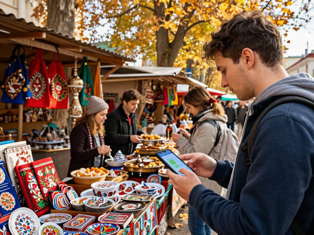 Un turista utilizando https://payinrussia.com/ en un mercado ruso, disfrutando de la cultura local y la comida regional.